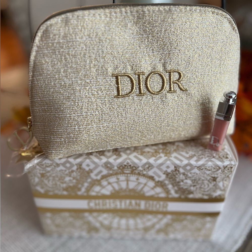NEW 2pc Dior Limited Edition Golden Beauty Pouch + Lip Maximizer 001 Pink + Box